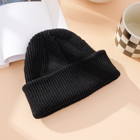 Unisex Ribbed Knitted Cuffed Winter Beanie – Black